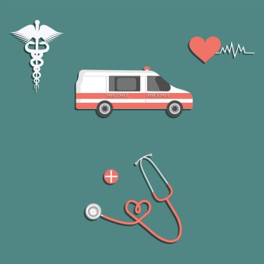 Ambulans, kaduceus, kalp, kardiyogram çizgisi, steteskop - yeşil arka planda izole edilmiş - vektör. Tıbbi Konsept.