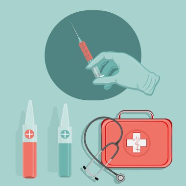 Lastik eldivendeki bir el şırınga, ilk yardım çantası, steteskop, şırınga, ampul taşır. Hafif arka planda izole edilmiş, düz stil vektör. Hasta bakımı. Evde bakım. Tedavi odası..