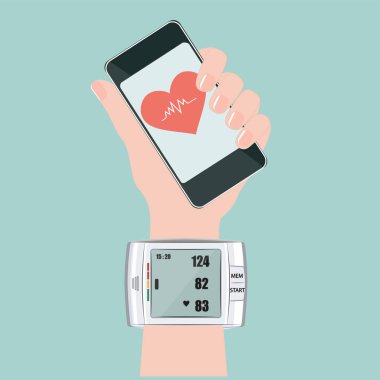 Kadın elinin bileğindeki tonmetre ve kalp ve kardiyograma sahip akıllı bir telefon. Hafif bir arkaplanda izole edilmiş. Düz stil. Sağlık teknolojileri. Sağlık İzleme.