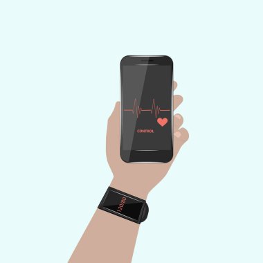 Erkek elinde elektronik bilezik, akıllı telefon, diyagram, kalp, hafif arka plan, vektör. Tıp konsepti. Sağlık hizmetleri. Bilgi teknolojisi tasarımı.