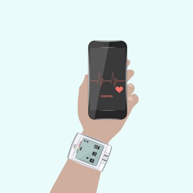 Erkek elinde tonmetre, akıllı telefon, çizelge, kalp - hafif arka plan - vektör. Tıp konsepti. Sağlık hizmetleri. Bilgi teknolojisi tasarımı.