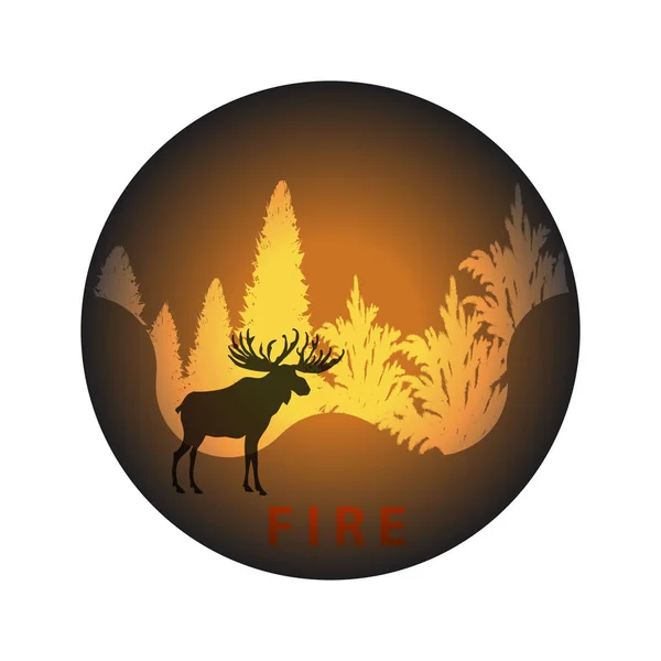 Fiery element. Deer, burning forest, taiga - round icon - isolated on white background - vector. — Stock Vector