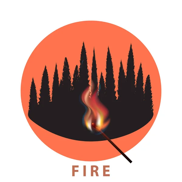 Burning match, realistic flame, forest, taiga - round icon - isolated on white background - vector. Environmental Protection. — Stock Vector