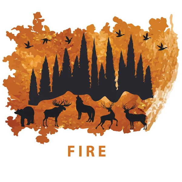 Fire element - grunge style. Animals, birds, burning forest, taiga - isolated on white background - vector. — Stock Vector