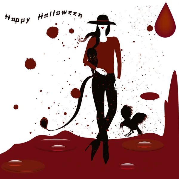 Halloween - stílusos boszorkány farokkal, kalapban, fekete macska a karjában, varjú - piros fröccsenések és cseppek - elszigetelt fehér háttér - illusztráció, vektor. Boldog halloween partit!. — Stock Vector