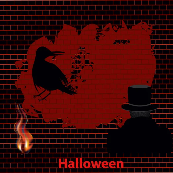 Halloween - silueta de Drácula vista desde la parte posterior, cuervo, fuego - ladrillo pared negra y roja - ilustración, vector. Feliz fiesta de halloween . — Archivo Imágenes Vectoriales