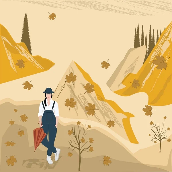 Осенний пейзаж - девушка с зонтиком на прогулке - иллюстрация, вектор — стоковый вектор