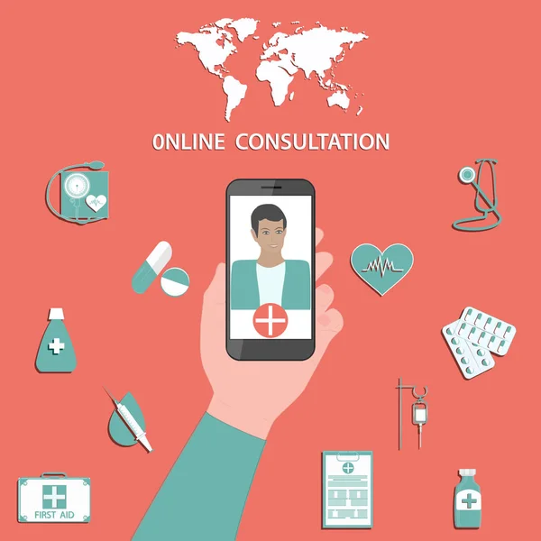 在线咨询- -世界地图，手持智能手机，屏幕上有一个年轻、可爱、深色皮肤的医生、药品和医疗设备- -用红色背景隔离- -病媒。 医疗概念. — 图库矢量图片