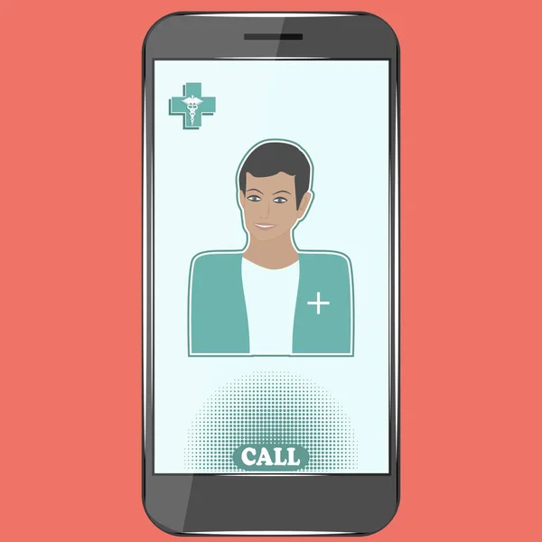 在线咨询-智能手机，年轻医生，漂亮，深肤色-隔离在红色背景矢量。 医学概念。 保健服务. — 图库矢量图片