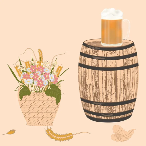 Un barril de madera, un vaso de cerveza con espuma, una canasta de mimbre con flores silvestres, espigas de trigo - fondo claro - vector. Oktoberfest. Festival de la Cosecha. Hola, otoño. — Vector de stock