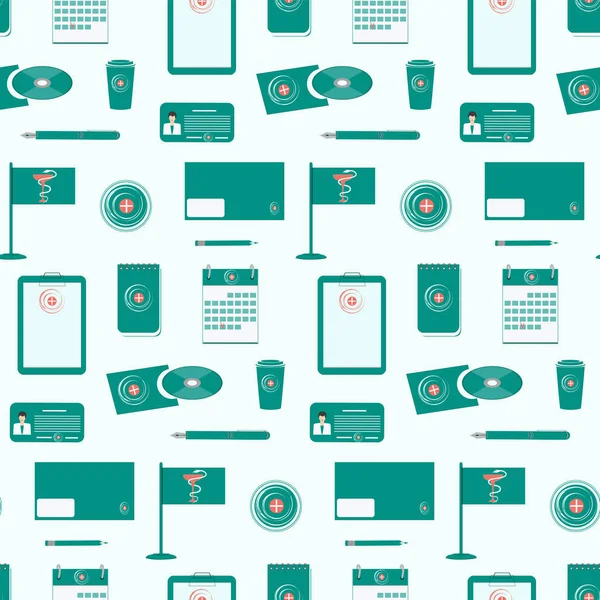 Kusursuz desen - kurumsal kimlik seti üzerinde tıbbi semboller - yeşil arkaplan - vektör.