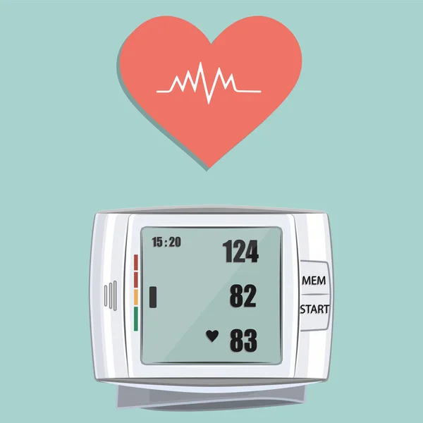 Tonometer voor het meten van druk en een hart met een cardiogram - geïsoleerd op een lichte achtergrond - vlakke stijl - vector. Gezondheidstechnologie Gezondheidsmonitoring. — Stockvector