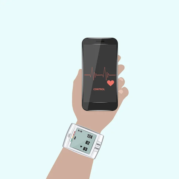 Тонометр на чоловічій руці, смартфон, графік, серце - світлий фон - вектор. Концепція медицини. Охорона здоров'я. Дизайн інформаційних технологій . — стоковий вектор