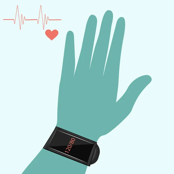 Bracelet électronique sur une main, diagramme, coeur - fond clair - vecteur. Concept de médecine. Soins de santé. Conception informatique . — Image vectorielle