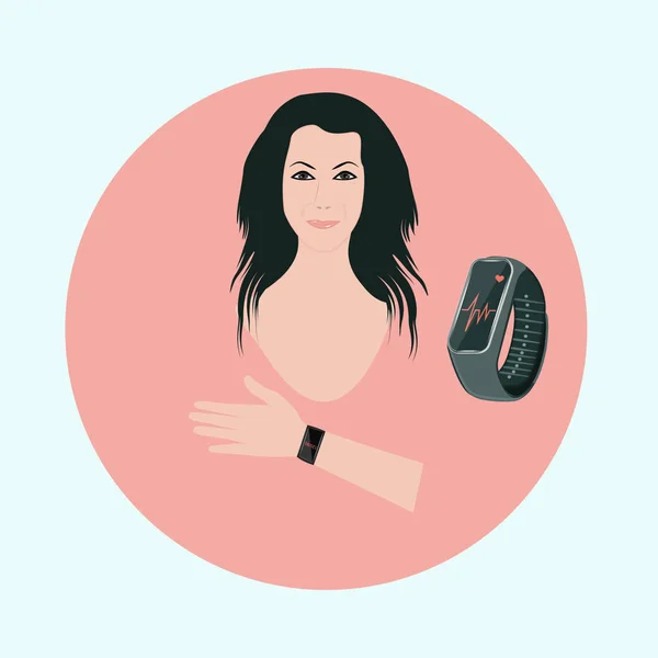 Электронный браслет здоровья. Женское изображение, рука - светлый фон - вектор. Концепция медицины. Здравоохранение Проектирование информационных технологий . — стоковый вектор
