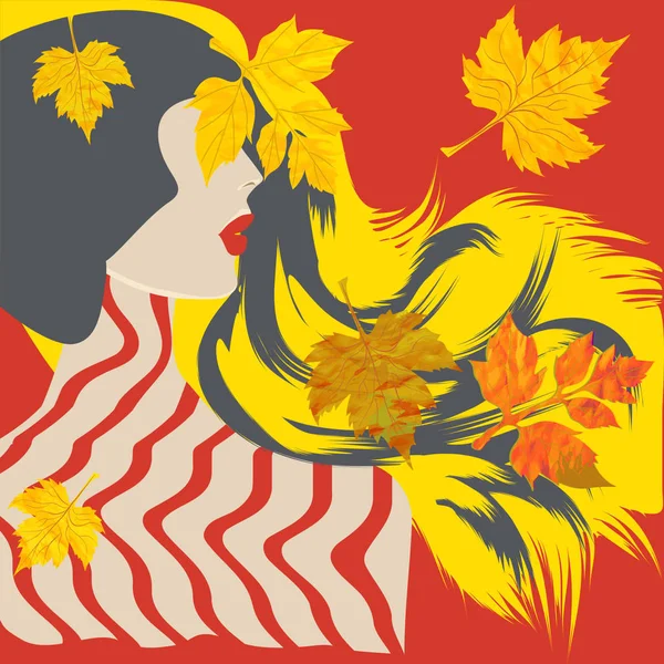 Autumn - female face, long hair, maple leaves - red, yellow trend background - illustration, vector. — Stock Vector