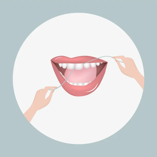 O fio dental - boca feminina aberta, língua, belos dentes, mãos - vetor. Protecção dos dentes. Ícone de dentista . —  Vetores de Stock