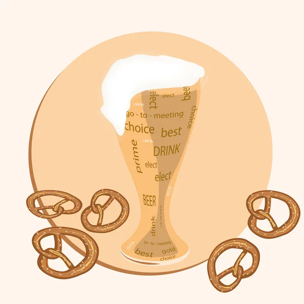 Pretzels y cerveza con espuma, vidrio con la inscripción - estilo plano - fondo claro - vector. Oktoberfest . — Vector de stock