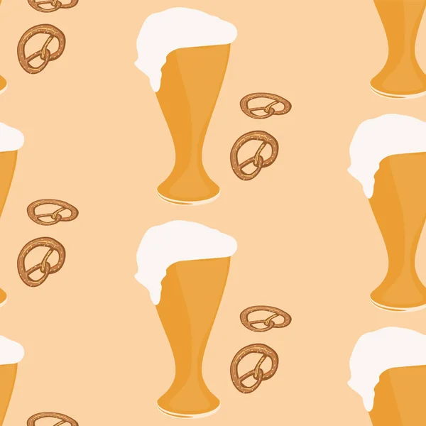 El patrón - la Cerveza con la espuma en el vaso, el pretzel - el patrón - el fondo claro-vector. Oktoberfest . — Vector de stock