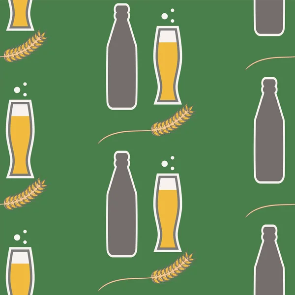 Patrón - Botella de cerveza, vidrio, espiga de trigo - estilo plano - Neo fondo menta - vector. Oktoberfest . — Vector de stock