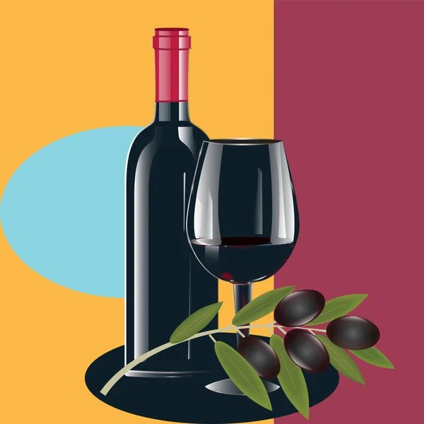 Botella de vino y un vaso negro, rama de aceitunas - fondo abstracto con formas geométricas - vector . — Vector de stock