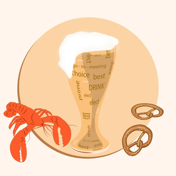 Langosta, Pretzels y Cerveza con espuma, vidrio con la inscripción - estilo plano - fondo claro - vector . — Vector de stock