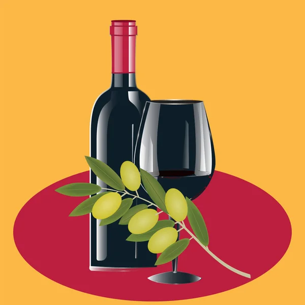 Botella de vino y un vaso negro, una rama de aceitunas verdes - fondo abstracto con formas geométricas - vector . — Vector de stock