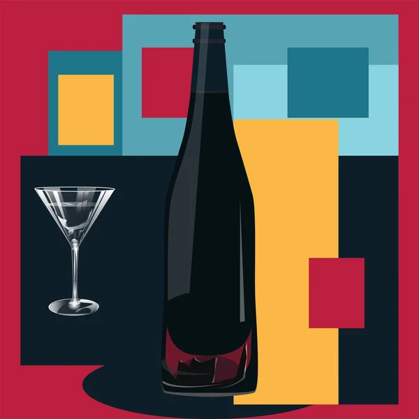 Czarna butelka wina z dekoracją i kryształowym szkłem - abstrakcyjne tło o geometrycznych kształtach - wektor. — Wektor stockowy