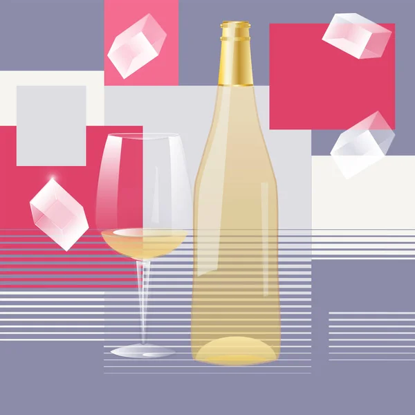 Botella de vino blanco, vidrio transparente, hielo - fondo abstracto con formas geométricas - vector . — Vector de stock