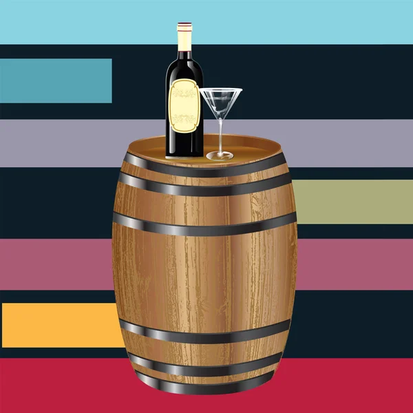 Barril de madera, una botella de vino de época y un vaso transparente - fondo abstracto con formas geométricas - vector . — Vector de stock