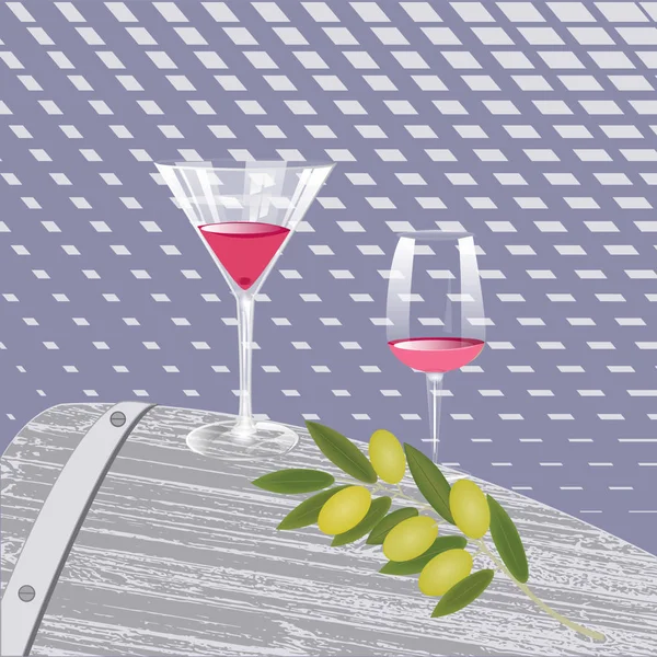 Barrica de roble claro de madera, dos copas transparentes con vino rosa, rama de olivo - fondo abstracto con formas geométricas - vector . — Vector de stock