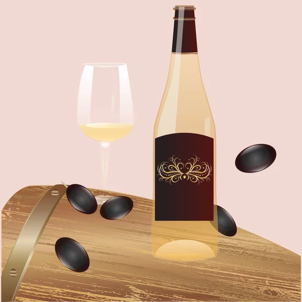 Barril de madera, botella de vino blanco, con una etiqueta, con decoración vintage, vidrio transparente, aceitunas - abstracto Neo fondo de menta con formas geométricas - vector . — Vector de stock