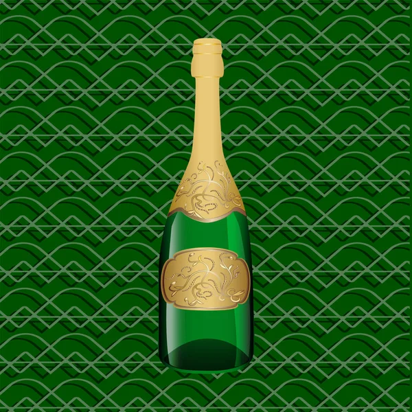 Champagne bottle with golden decoration - green openwork background - vector. Congratulation 2020. Happy New Year. Merry Christmas. — Stock Vector