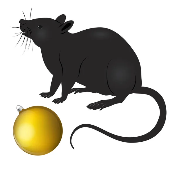 Rat noir, souris, boule de Noël dorée - isolée sur fond blanc - vecteur. Nouvel An 2020 — Image vectorielle