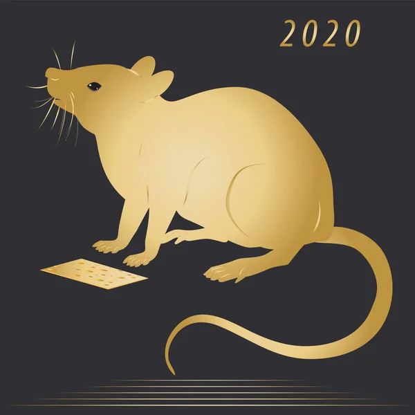 Arany patkány, egér, egy szelet sajt - fekete háttérrel elszigetelve - vektor. Új év 2020 — Stock Vector