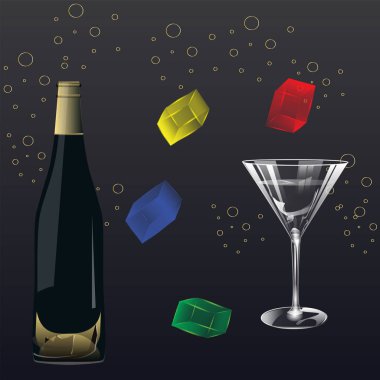 Dekorlu siyah şişe, şeffaf şarap kadehi, renkli buz - siyah arkaplan - vektör. Yeni yıl 2020. Mutlu Noeller.