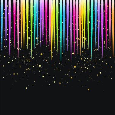 Soyut parlak gökkuşağı çizgileri ve sarı lekeler, siyah arkaplandaki noktalar - vektör. Tatil tasarımı.