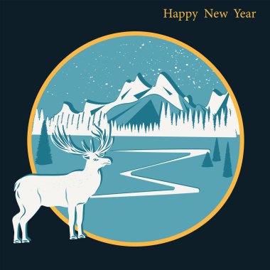 Beyaz geyik - dağlar, orman, kar - koyu arkaplanda yuvarlak mavi bir ikon - vektör. Mutlu yıllar.