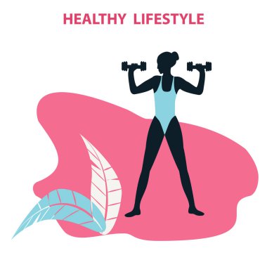 Dambılı kadın - soyut element, yapraklar - beyaz arka planda izole edilmiş - vektör. Yoga. Fitness Egzersizleri.