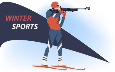 Biatlon. Biatloncu silahı hedef alır - mavi beyaz soyut arka plan - illüstrasyon, vektör. Kış sporu. Spor afişi.