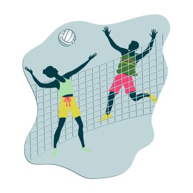 Voleybol - duygusal oyun - kadın ve erkek - net, top - simge, beyaz zemin üzerinde izole düz stil - vektör. Modern yaşam tarzı. Etkin tatiller.