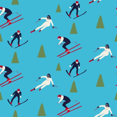 Kalıp - kayakçılar - vektör. Noel zamanı. Yeni yıl. Kışın açık hava eğlencesi. Kayak.