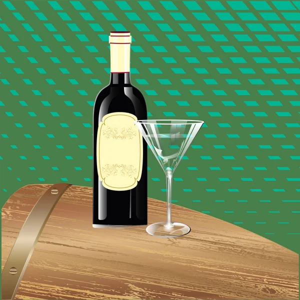 Barril de madera, botella de vino tinto, con una etiqueta, con decoración vintage, vidrio transparente vacío - abstracto Neo fondo de menta con formas geométricas - vector . — Vector de stock
