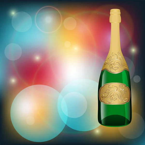 Festive bokeh background - green champagne bottle with golden decoration - vector. Congratulation 2020. Happy New Year. Merry Christmas. — Stock Vector