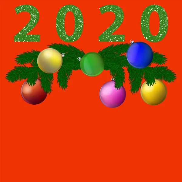 Red background - fir branches, glass shiny balls - vector. Congratulation 2020. Happy New Year. Merry Christmas. — Stock Vector