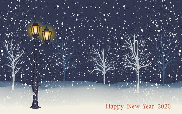 Arrière-plan nuit d'hiver, bleu foncé, lampadaire avec des lampes lumineuses, des flots de neige, des chutes de neige, des arbres - vecteur. Noël. Bonne année 2020 — Image vectorielle