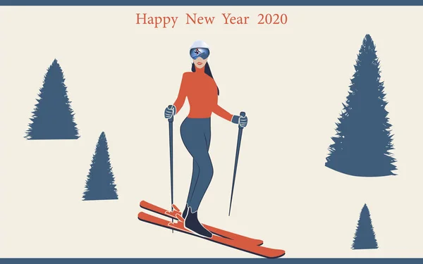 Je skie. Fille ski, dans un casque, lunettes - neige, pins, épinette, - style plat - illustration, vecteur. Bonne année 2020 . — Image vectorielle