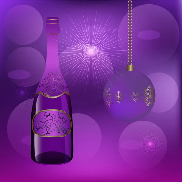 Background festive bokeh color purple, lilac, pink. Bottle of wine, with decor, Christmas ball - vector. Christmas. New Year 2020 — Stock Vector