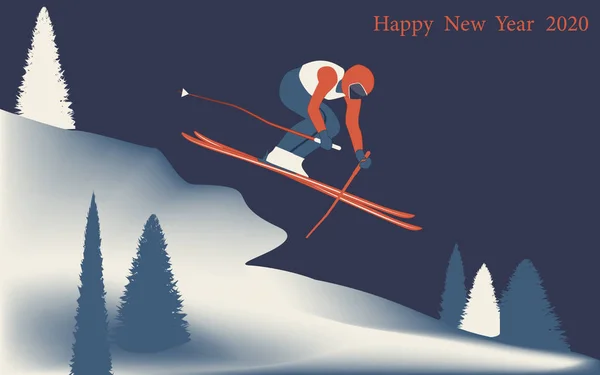 Le skieur descend d'une dérive de neige - neige, pins, épinette - style plat - illustration, vecteur. Bonne année 2020. Sports d'hiver . — Image vectorielle
