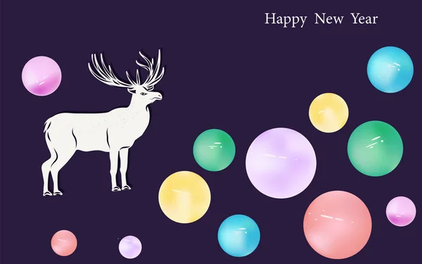 Cerf blanc, boules multicolores sur fond violet foncé - vecteur Bonne année 2020. Noël . — Image vectorielle